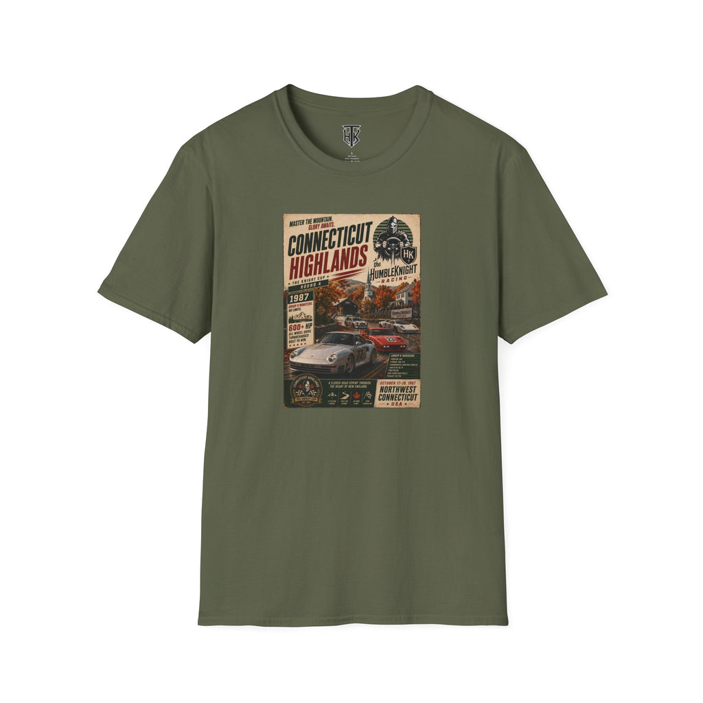 Connecticut Highlands Vintage Racing Tee — "Conn. Highlands" Retro Car Poster T-Shirt