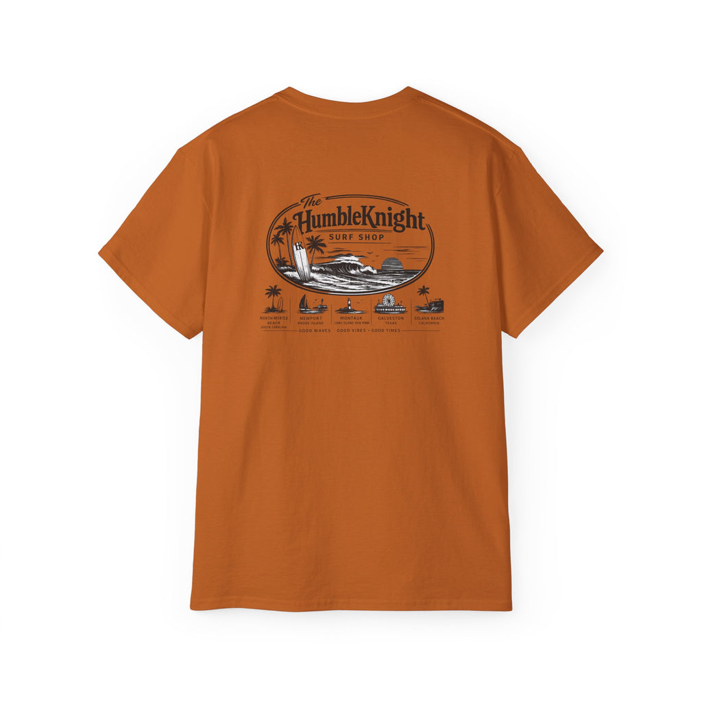 Humble Knight Surf Shop Tee - Vintage Beach Logo Cotton T-Shirt