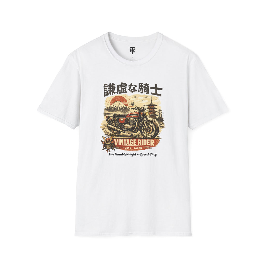 Vintage Japanese Motorcycle T-Shirt — '謙虚な騎士' Vintage Rider Graphic