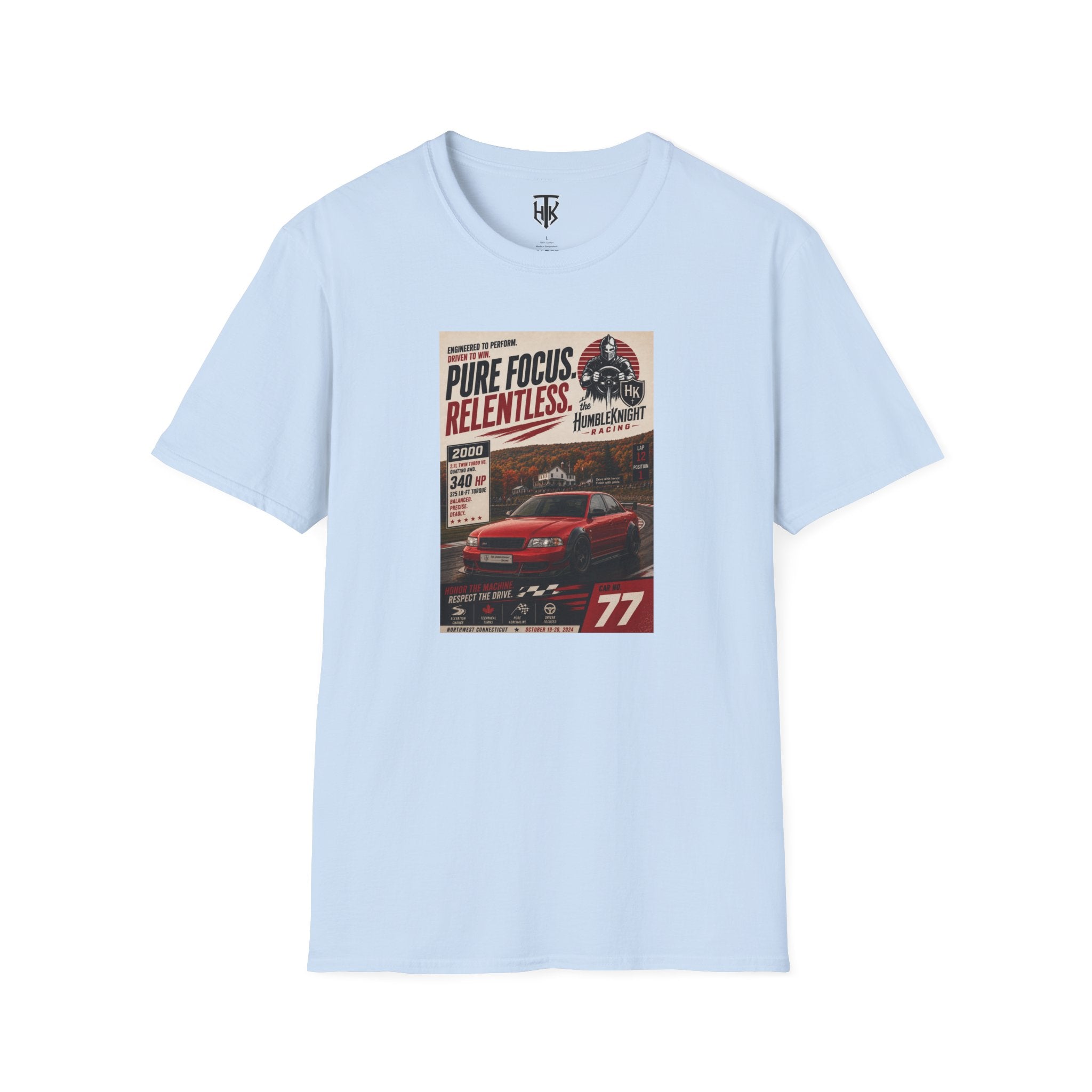 Racing Poster T-Shirt — "Pure Focus. Relentless." Vintage Car Graphic