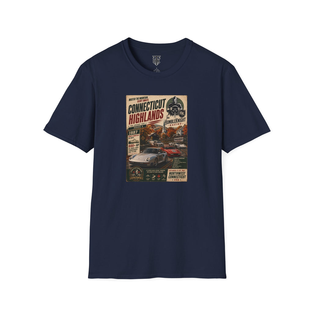 Connecticut Highlands Vintage Racing Tee — "Conn. Highlands" Retro Car Poster T-Shirt