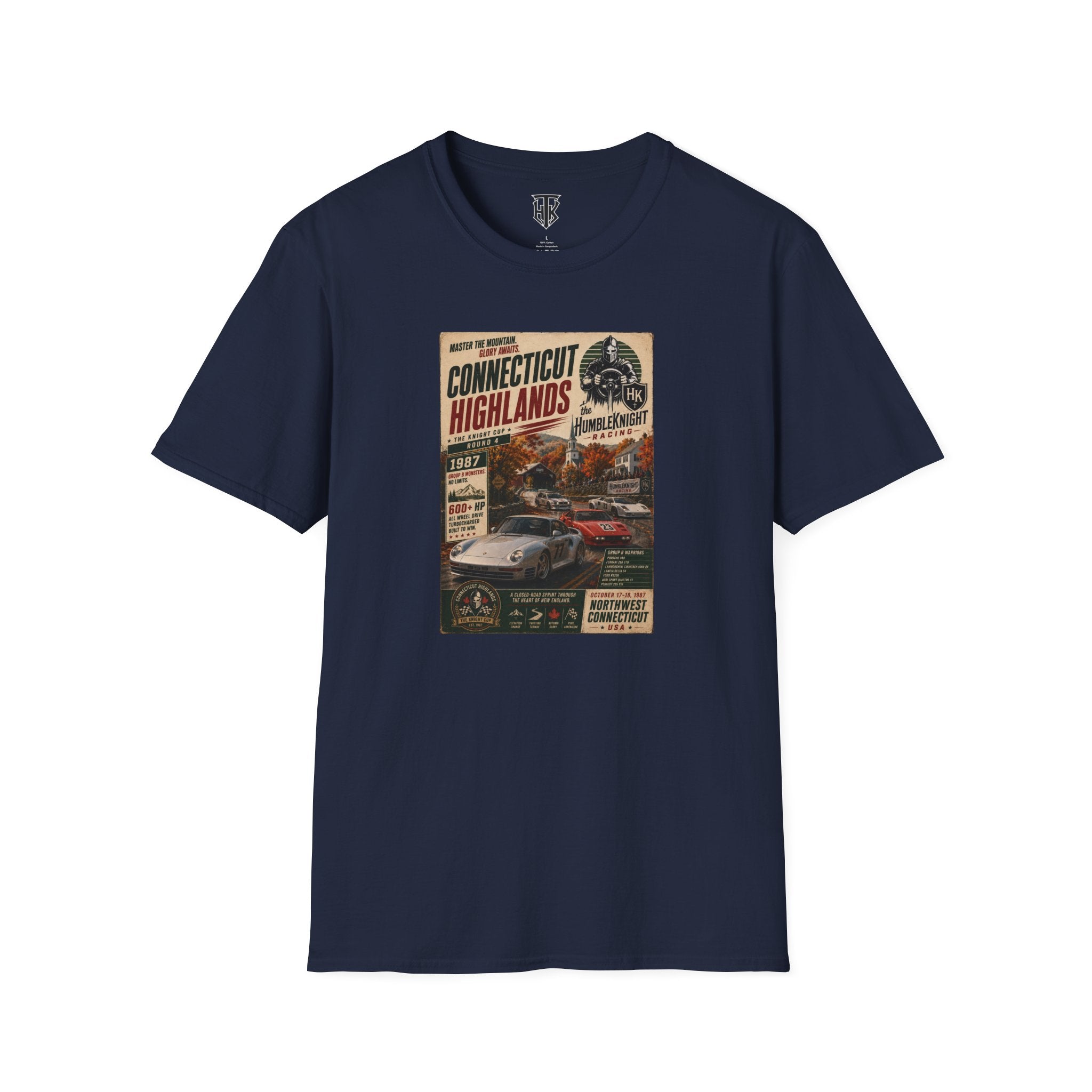 Connecticut Highlands Vintage Racing Tee — "Conn. Highlands" Retro Car Poster T-Shirt