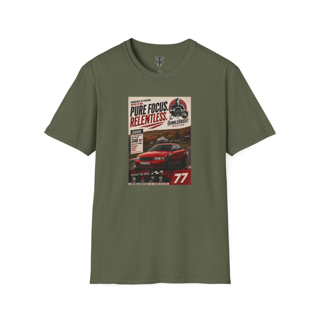 Racing Poster T-Shirt — "Pure Focus. Relentless." Vintage Car Graphic