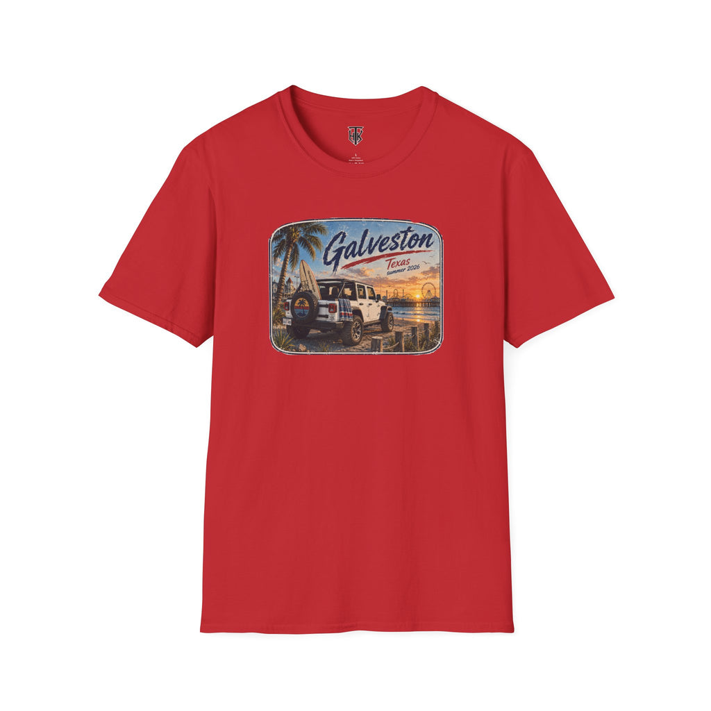 Galveston Beach Vintage T-Shirt — Texas Sunset Jeep Graphic