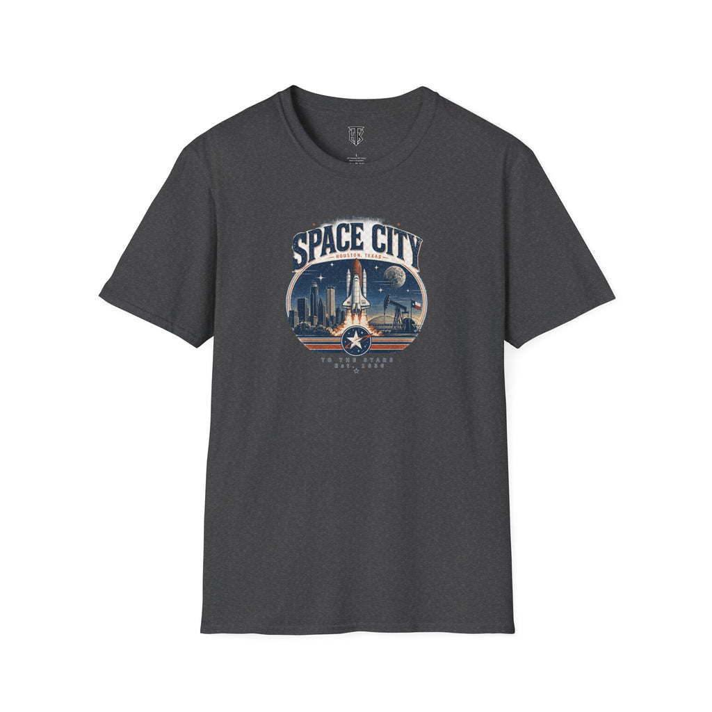 Space City T-Shirt — Vintage Rocket & Skyline Graphic Tee