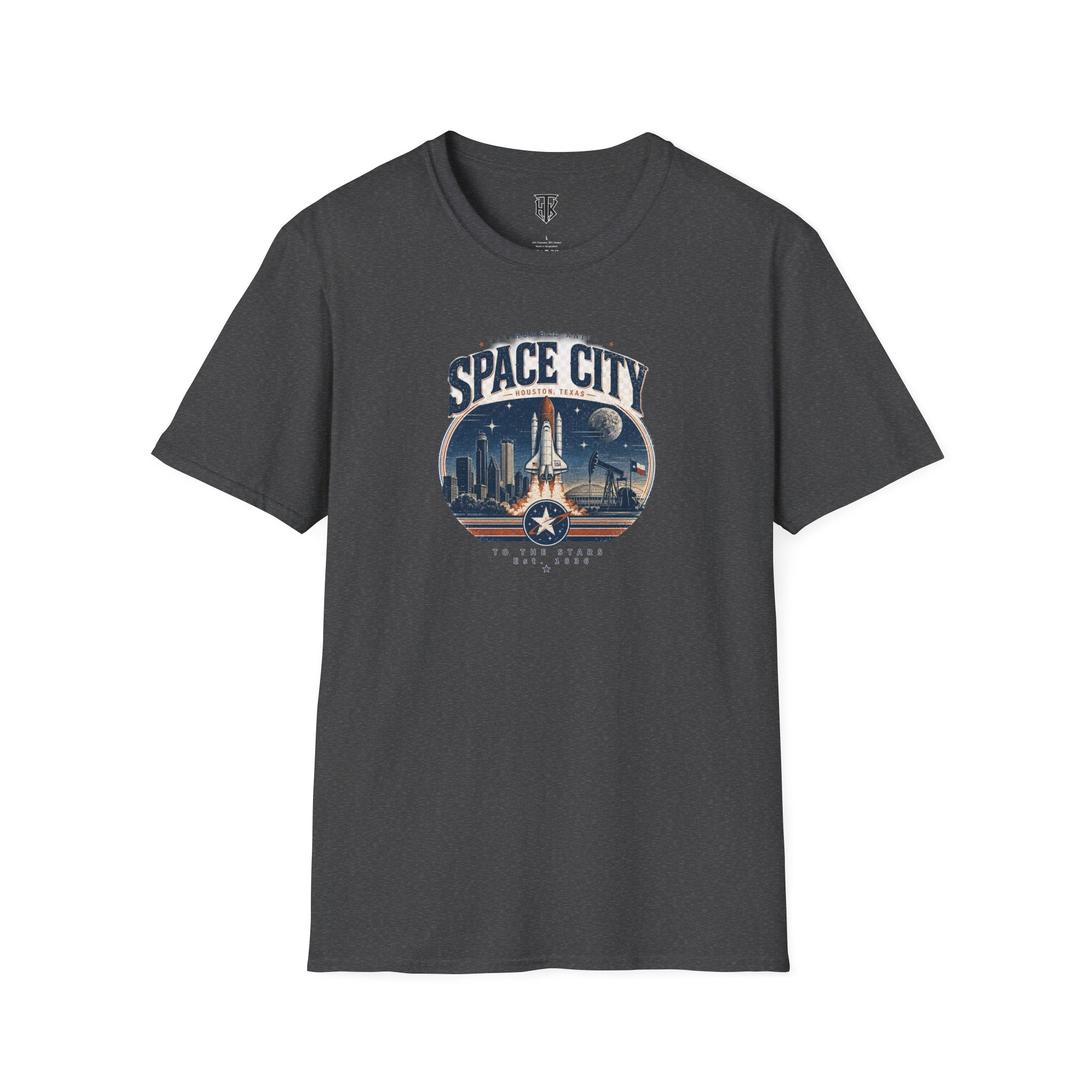 Space City T-Shirt — Vintage Rocket & Skyline Graphic Tee
