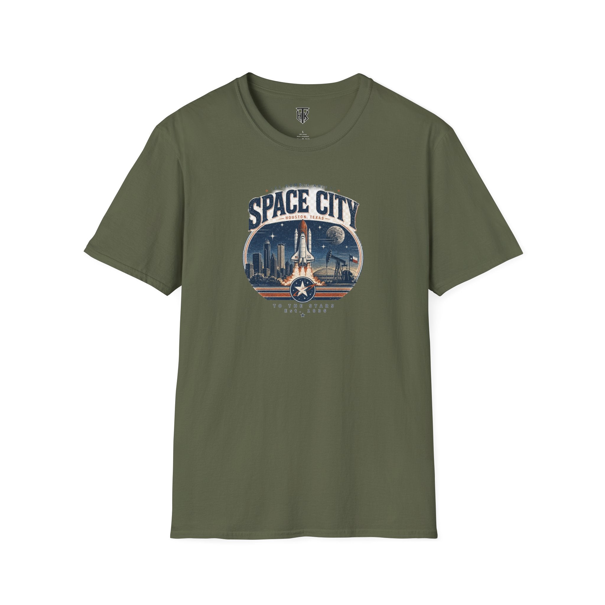 Space City T-Shirt — Vintage Rocket & Skyline Graphic Tee