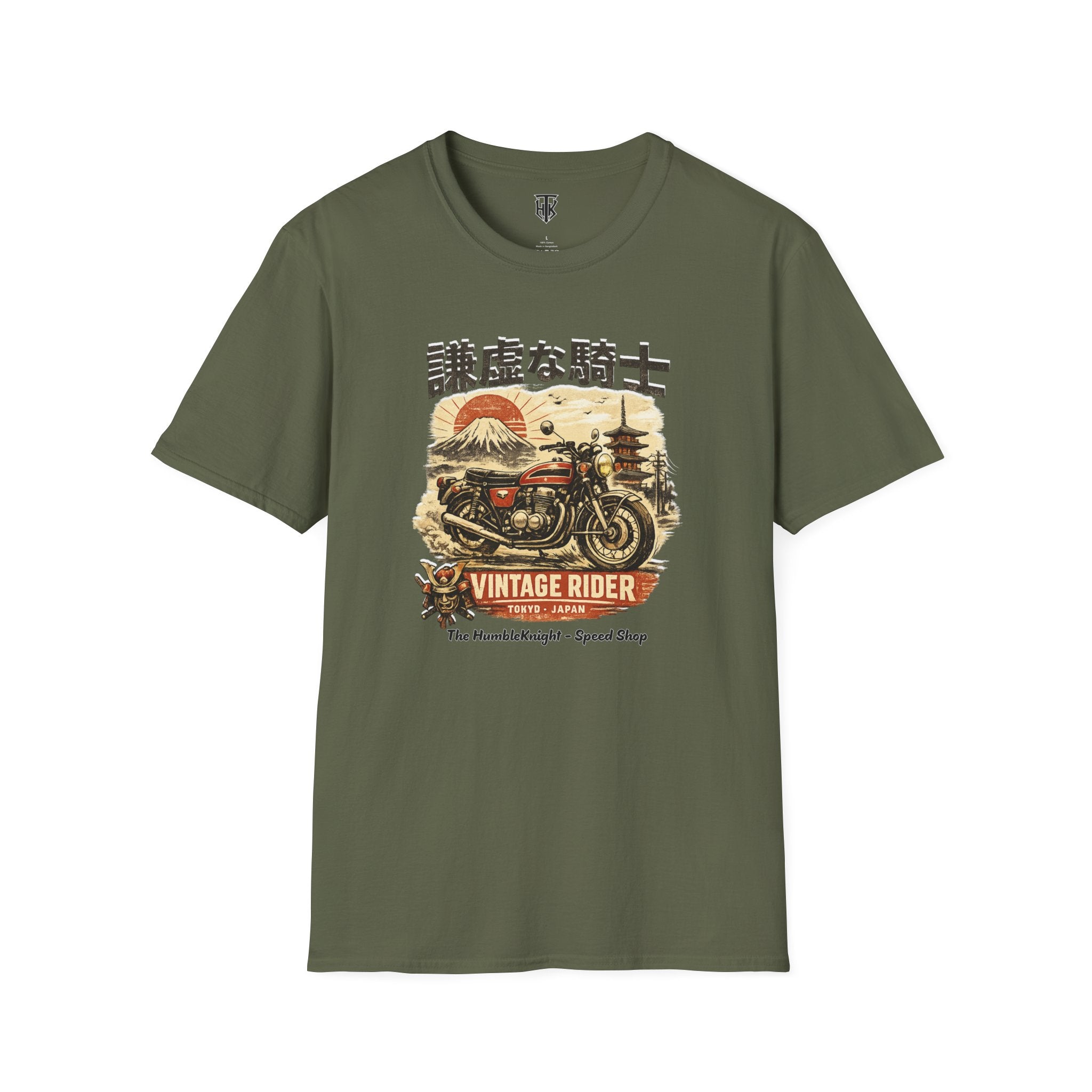 Vintage Japanese Motorcycle T-Shirt — '謙虚な騎士' Vintage Rider Graphic