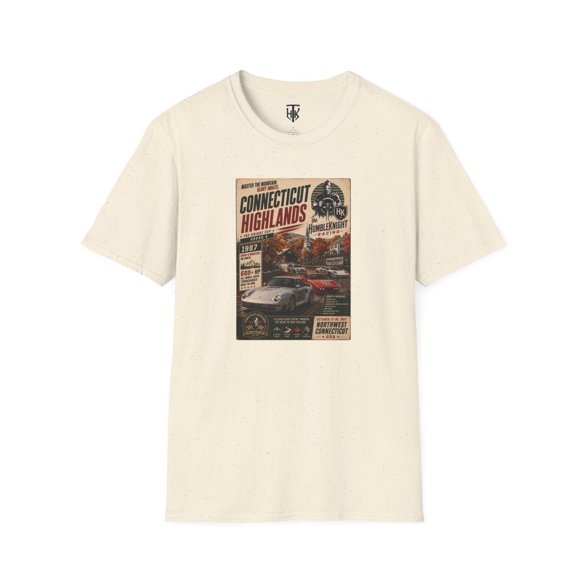 Connecticut Highlands Vintage Racing Tee — "Conn. Highlands" Retro Car Poster T-Shirt