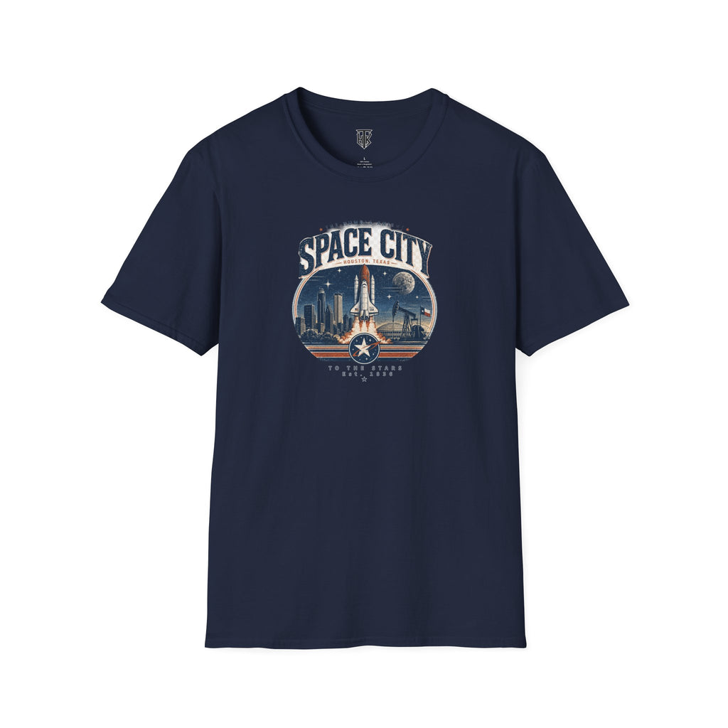 Space City T-Shirt — Vintage Rocket & Skyline Graphic Tee