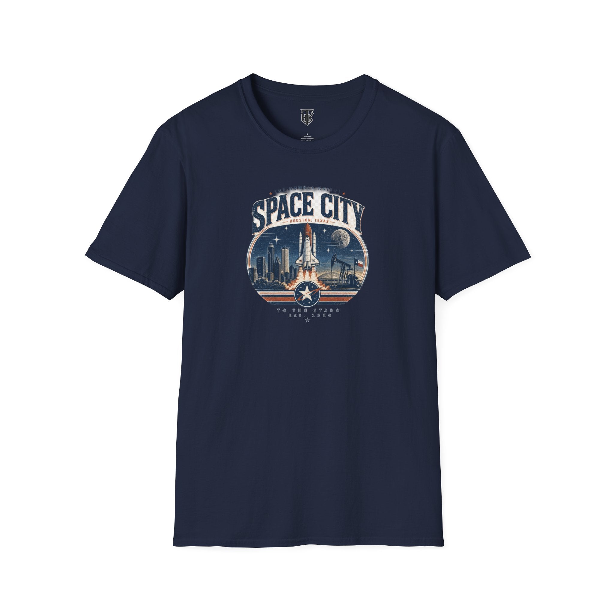 Space City T-Shirt — Vintage Rocket & Skyline Graphic Tee