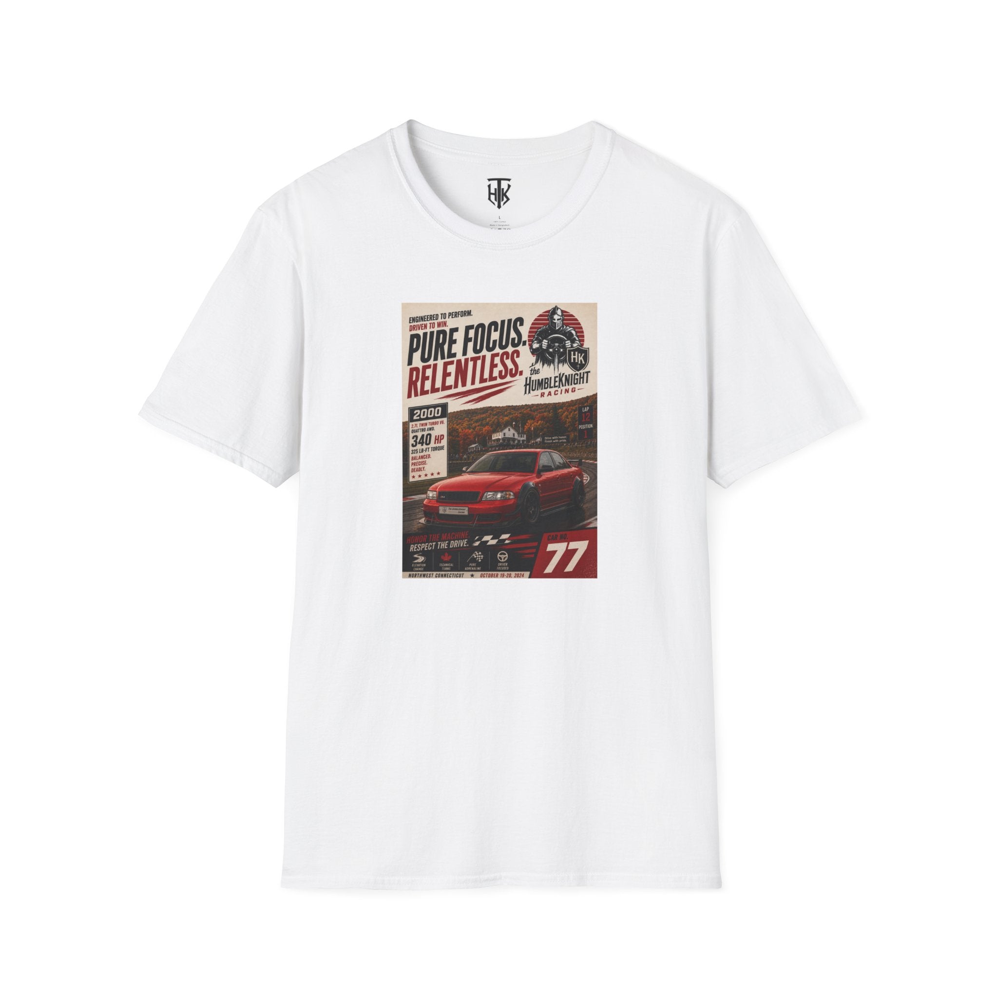 Racing Poster T-Shirt — "Pure Focus. Relentless." Vintage Car Graphic