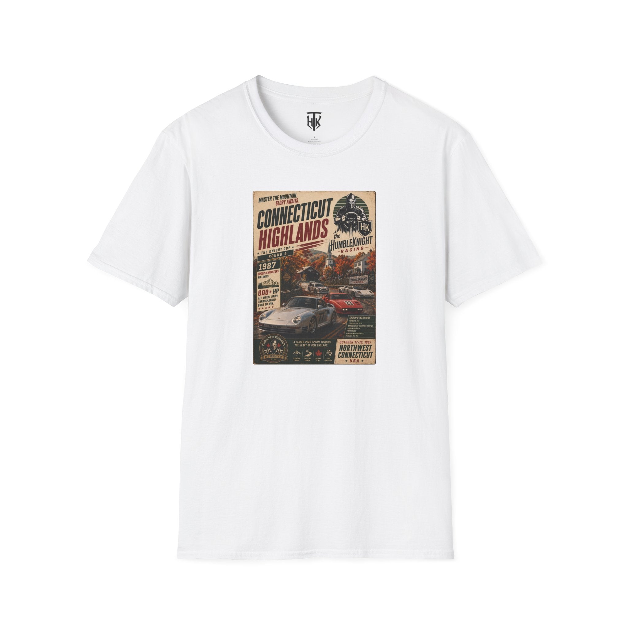 Connecticut Highlands Vintage Racing Tee — "Conn. Highlands" Retro Car Poster T-Shirt