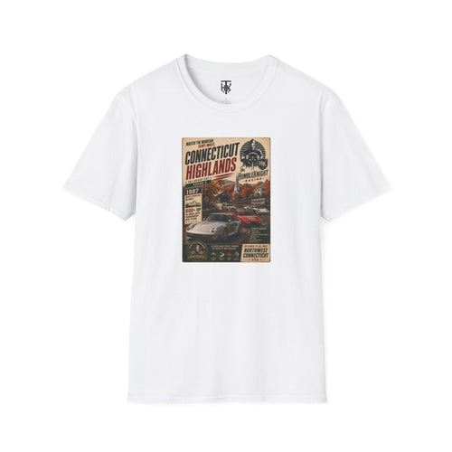 Connecticut Highlands Vintage Racing Tee — "Conn. Highlands" Retro Car Poster T-Shirt