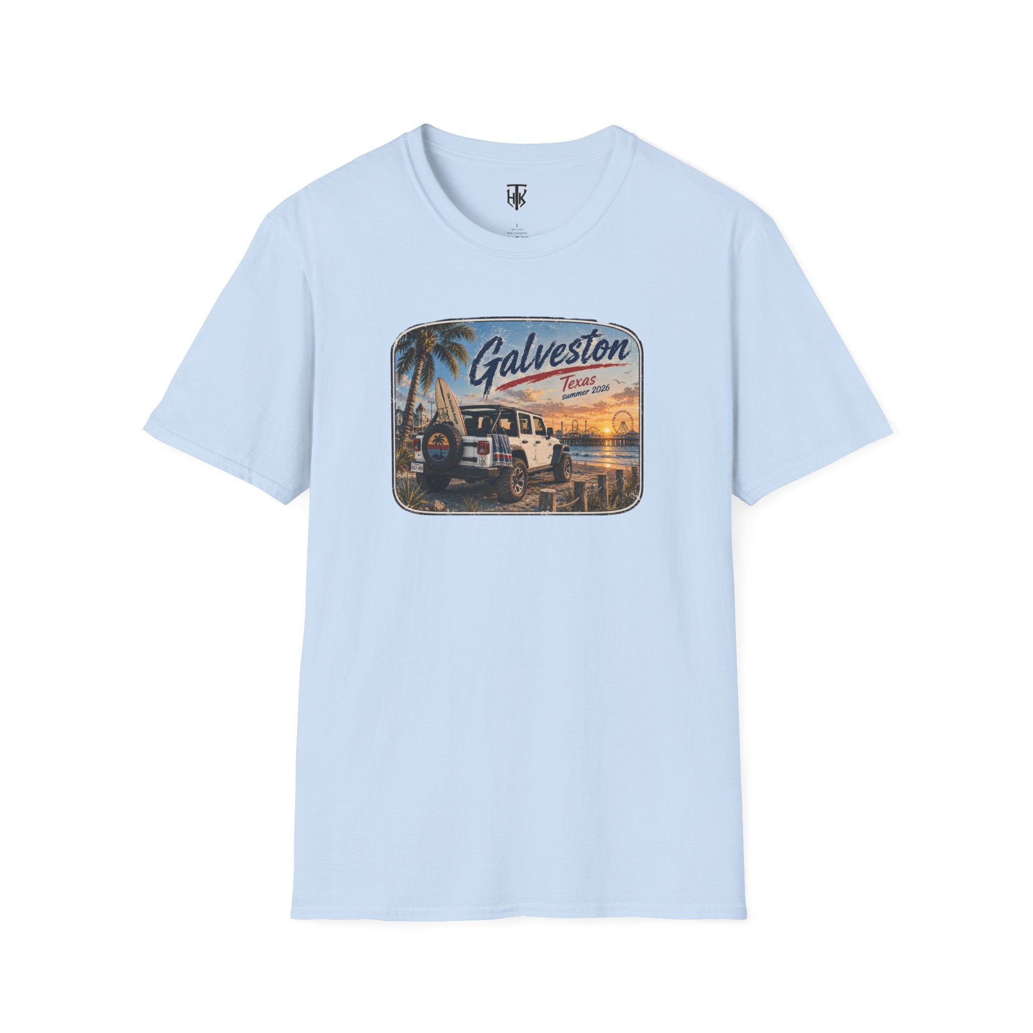Galveston Beach Vintage T-Shirt — Texas Sunset Jeep Graphic