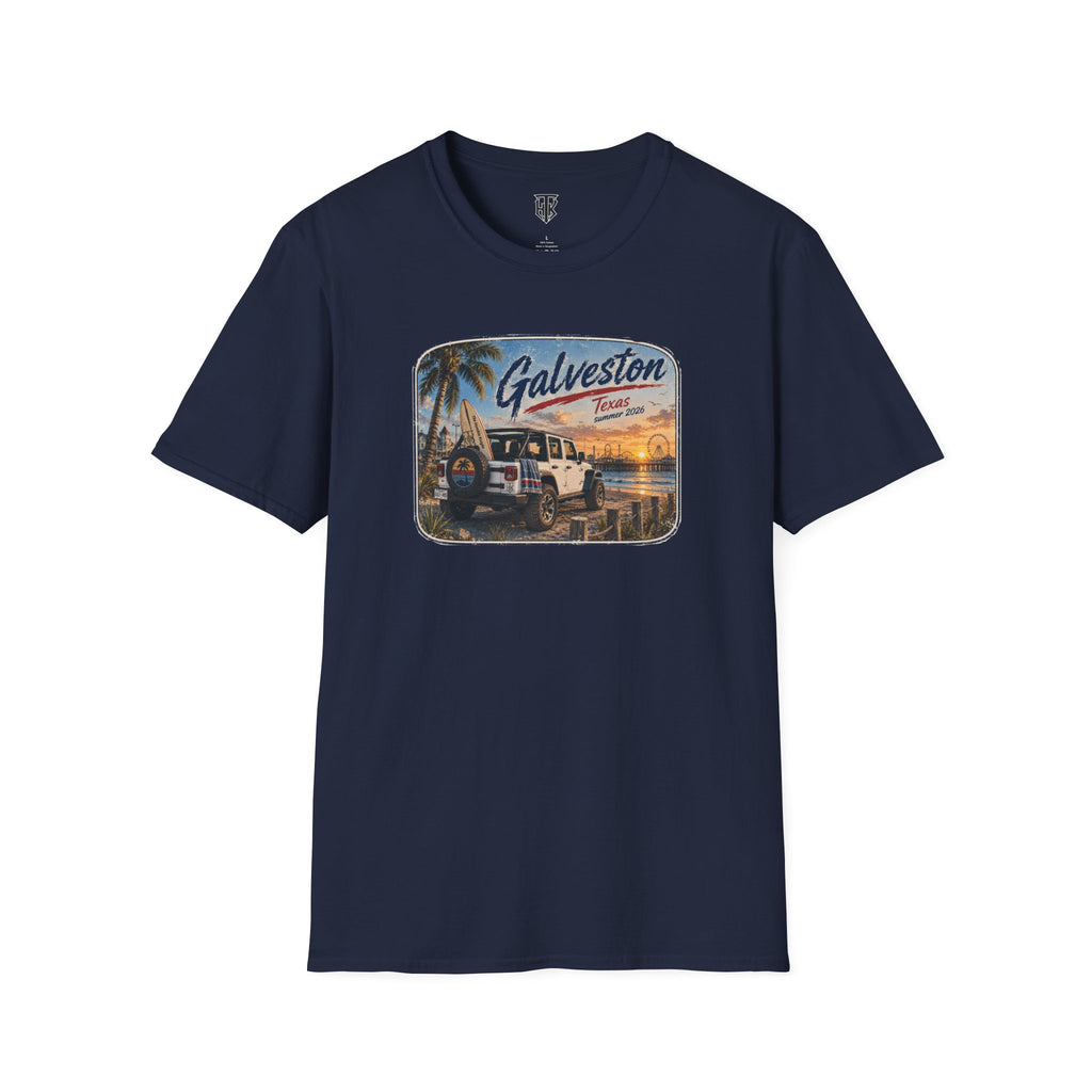 Galveston Beach Vintage T-Shirt — Texas Sunset Jeep Graphic