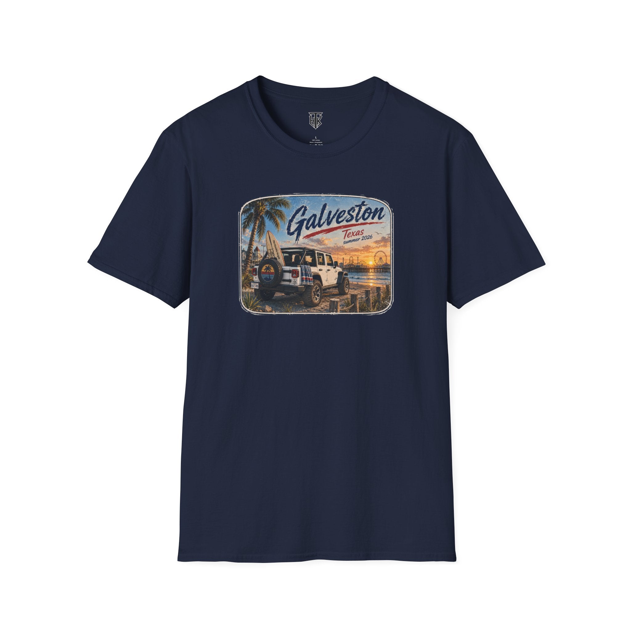 Galveston Beach Vintage T-Shirt — Texas Sunset Jeep Graphic