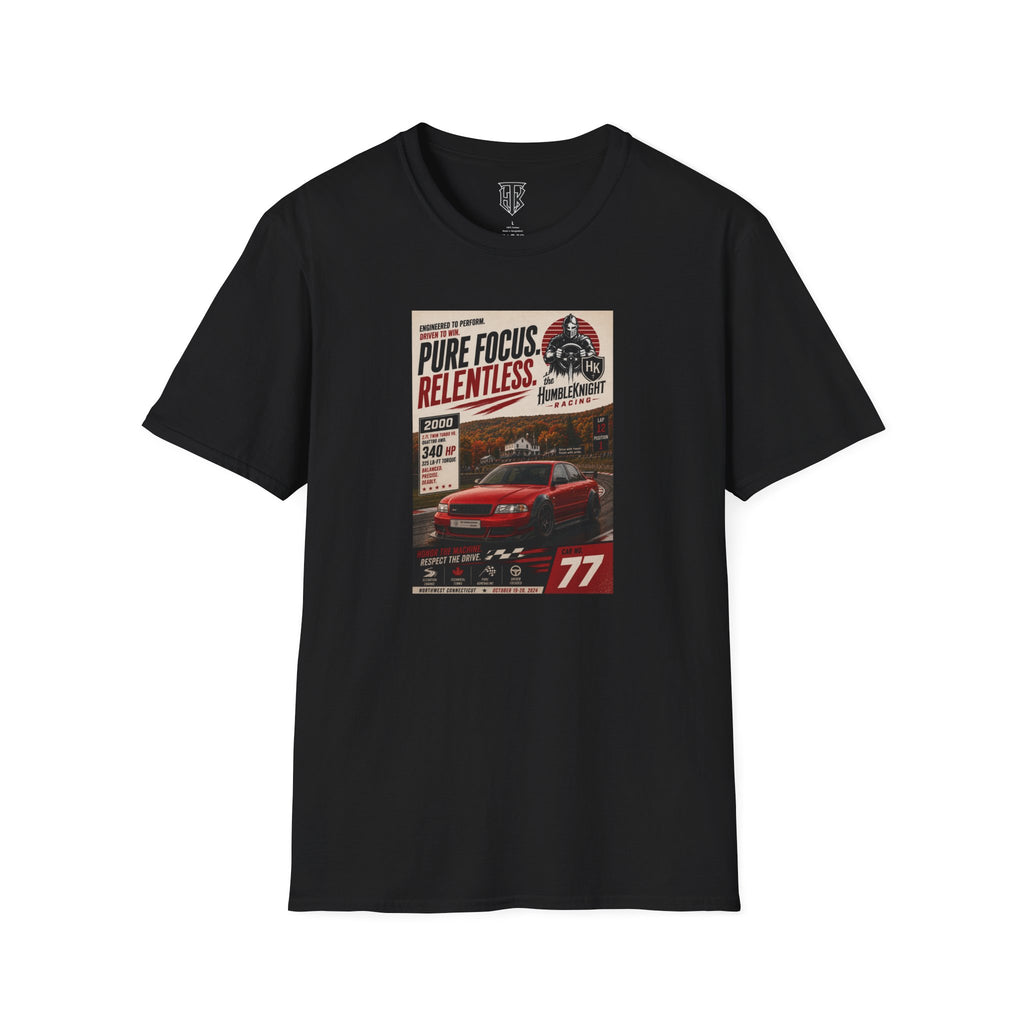 Racing Poster T-Shirt — "Pure Focus. Relentless." Vintage Car Graphic