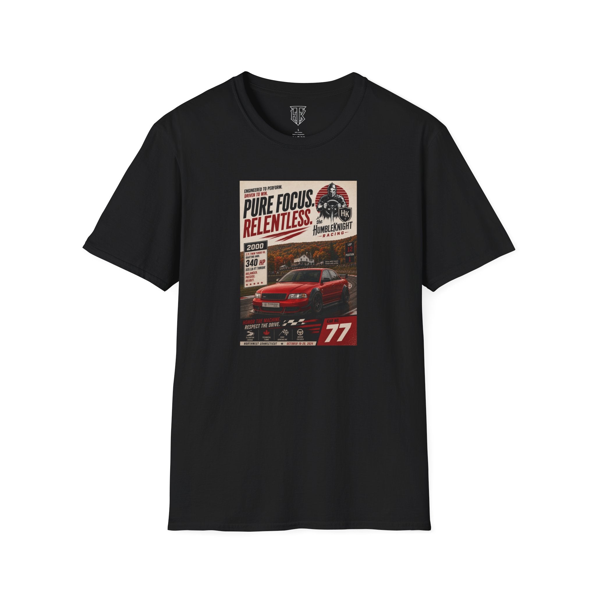 Racing Poster T-Shirt — "Pure Focus. Relentless." Vintage Car Graphic