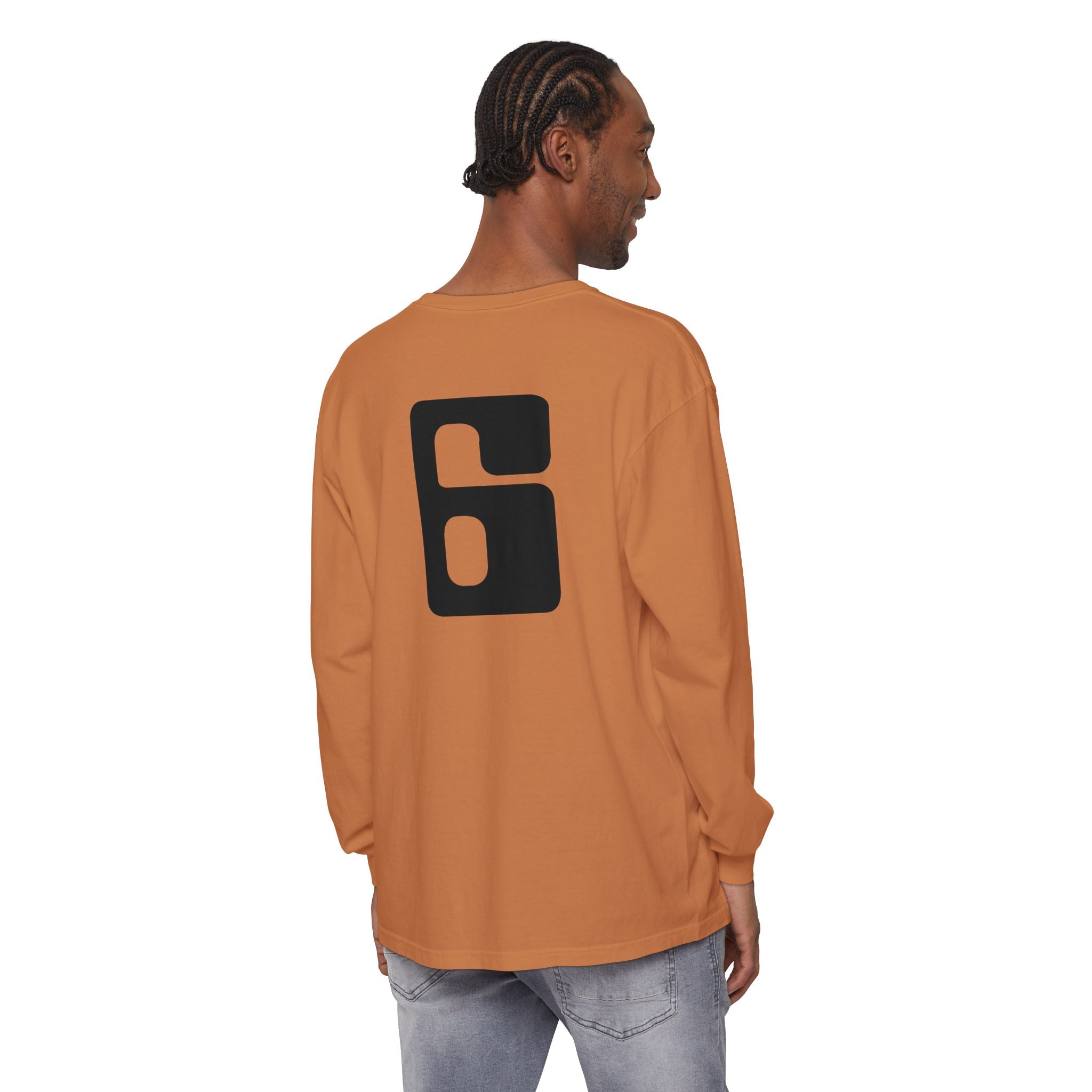 Jonathan E Number 6 Long Sleeve Tee — Vintage Block '6' Graphic Shirt