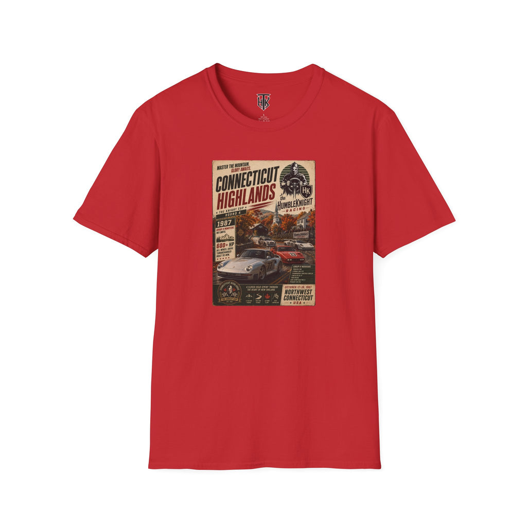 Connecticut Highlands Vintage Racing Tee — "Conn. Highlands" Retro Car Poster T-Shirt