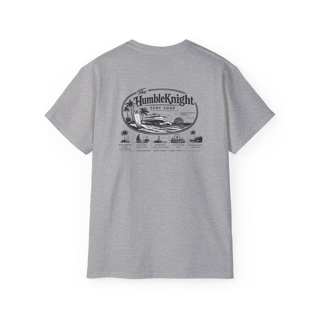 Humble Knight Surf Shop Tee - Vintage Beach Logo Cotton T-Shirt