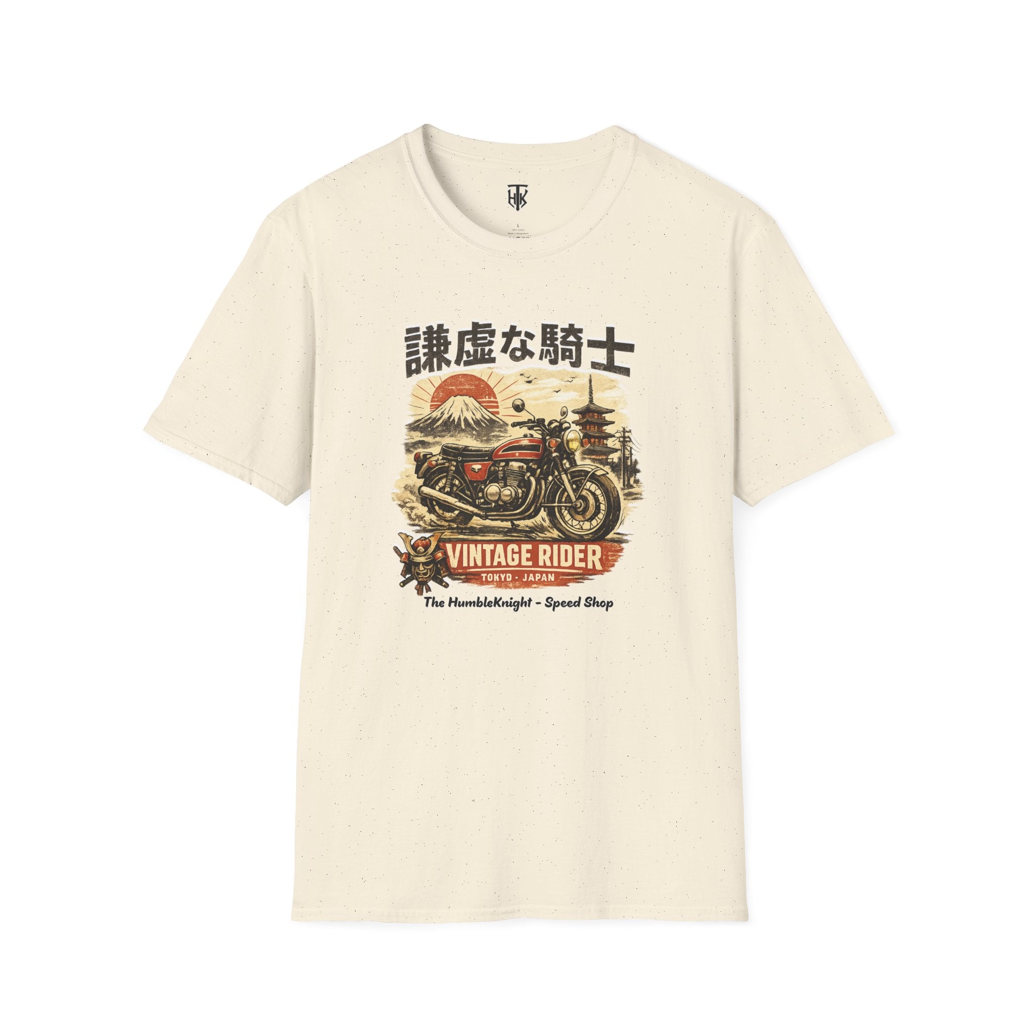 Vintage Japanese Motorcycle T-Shirt — '謙虚な騎士' Vintage Rider Graphic