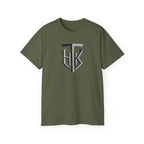Shield Monogram Tee — Elegant Metallic Initials Graphic T-Shirt