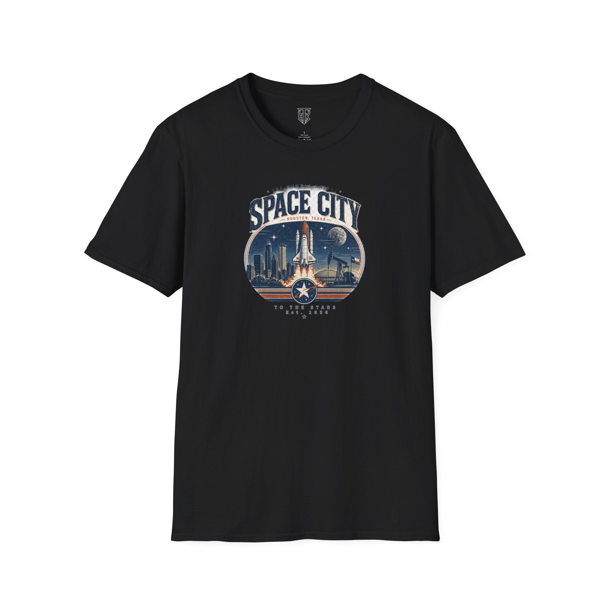 Space City T-Shirt — Vintage Rocket & Skyline Graphic Tee
