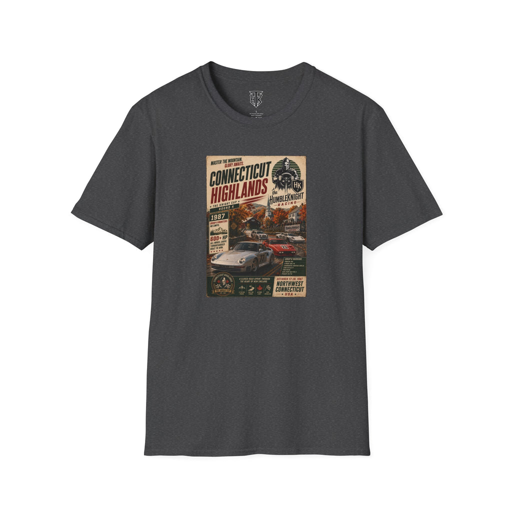 Connecticut Highlands Vintage Racing Tee — "Conn. Highlands" Retro Car Poster T-Shirt