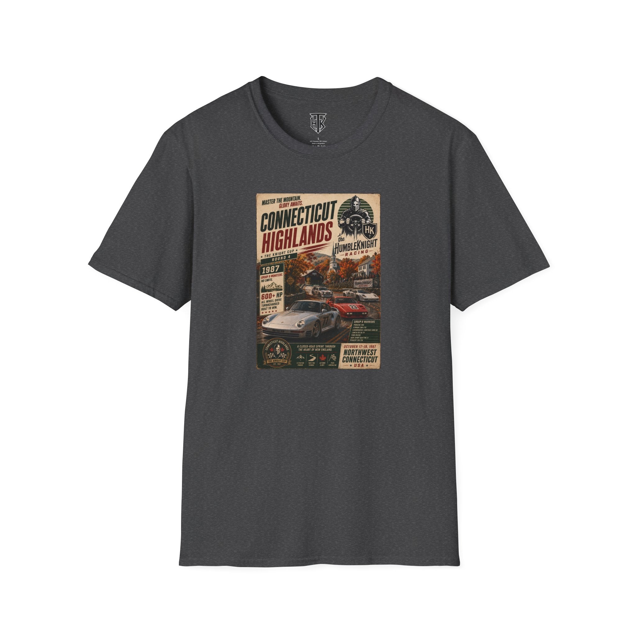 Connecticut Highlands Vintage Racing Tee — "Conn. Highlands" Retro Car Poster T-Shirt