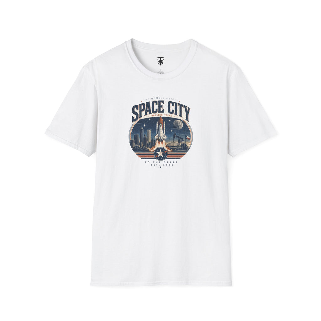 Space City T-Shirt — Vintage Rocket & Skyline Graphic Tee