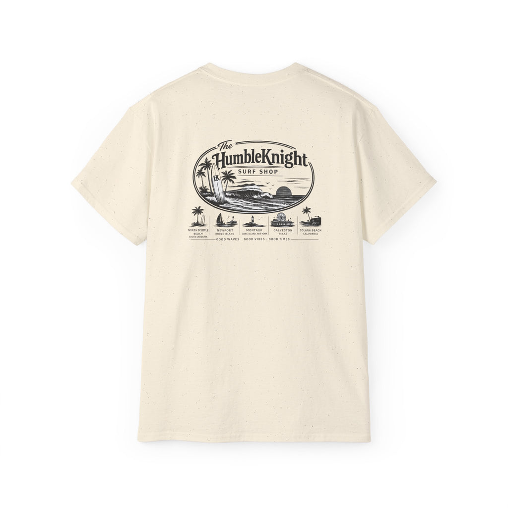 Humble Knight Surf Shop Tee - Vintage Beach Logo Cotton T-Shirt