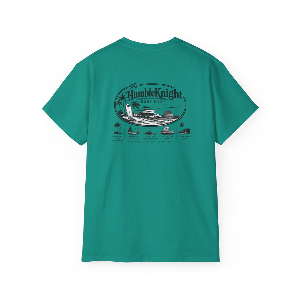 Humble Knight Surf Shop Tee - Vintage Beach Logo Cotton T-Shirt