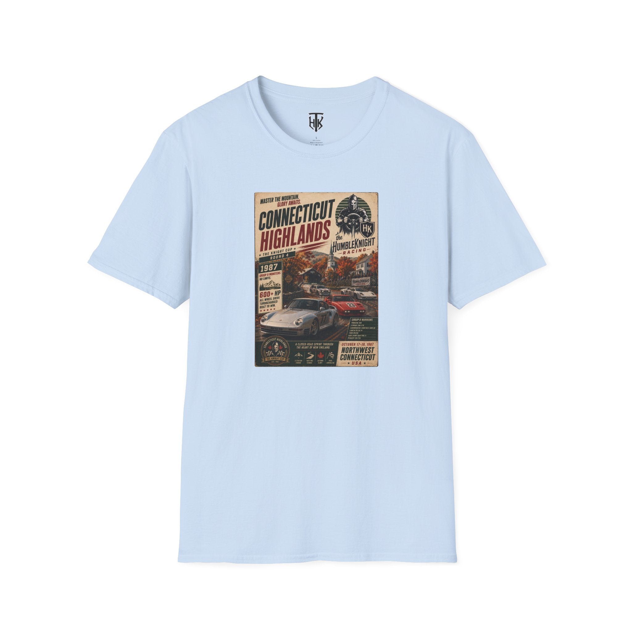 Connecticut Highlands Vintage Racing Tee — "Conn. Highlands" Retro Car Poster T-Shirt
