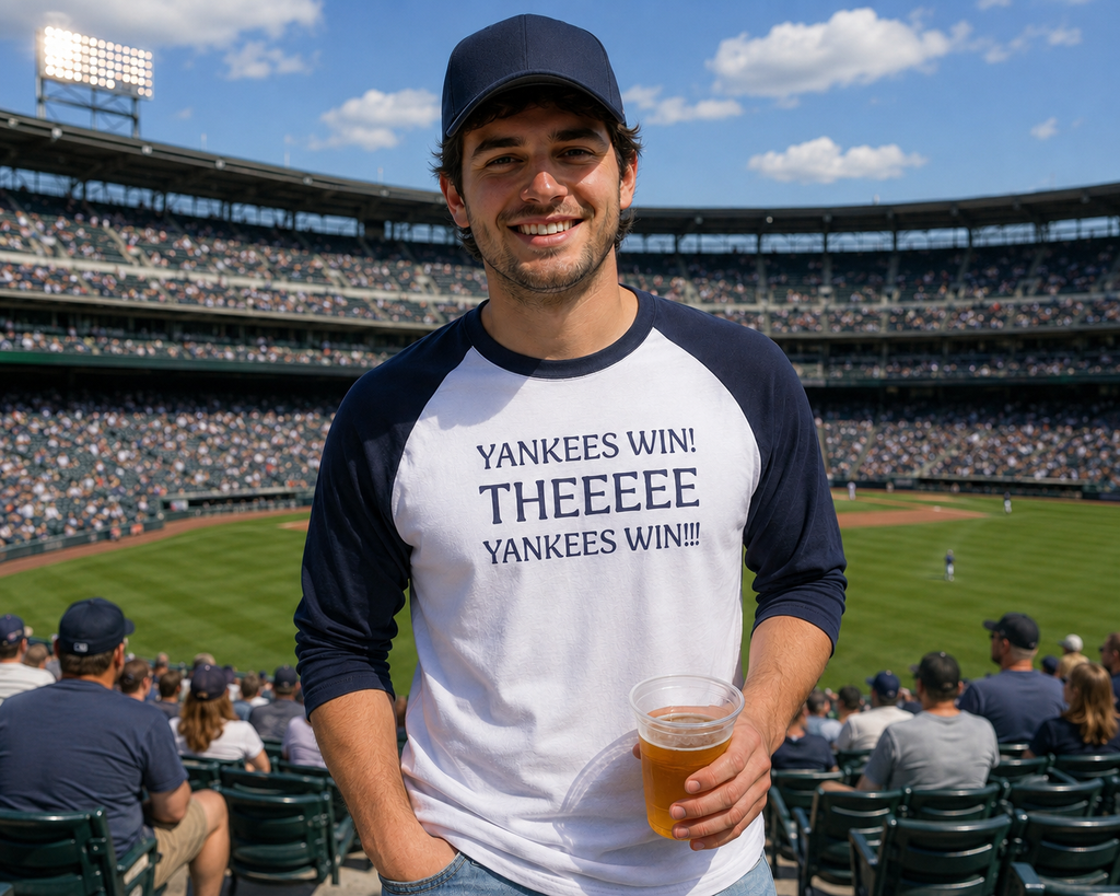 Yankees Win! THEEEEE Yankees Win!   Baseball Raglan Shirt — 3/4 Sleeve Fan Tee