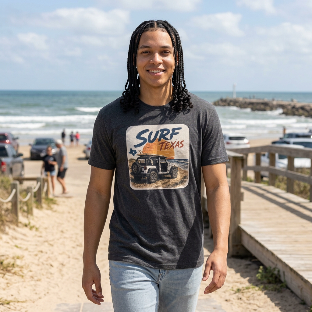 Surf Texas T‑Shirt — Retro Beach Jeep Graphic Tee