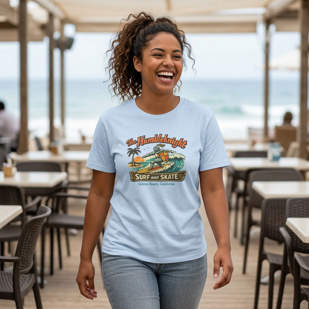 Surfing Knight T‑Shirt — "The Humbleknight" Vintage Surf & Skate Graphic