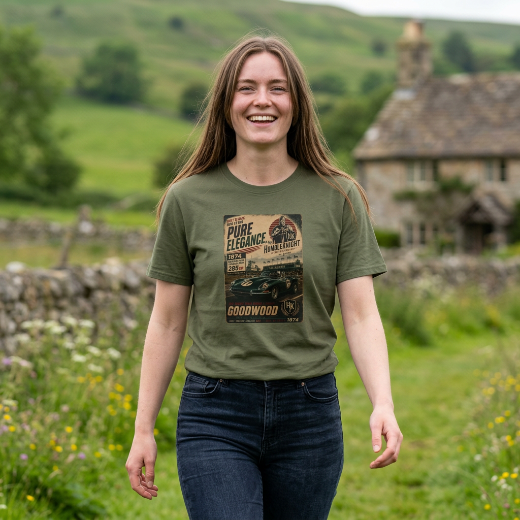 Vintage Racing T-Shirt — XKE "Pure Elegance" Goodwood Poster Tee