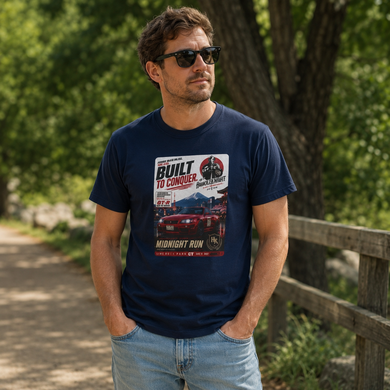 Built to Conquer Racing T-Shirt — Midnight Run Vintage Car Graphic