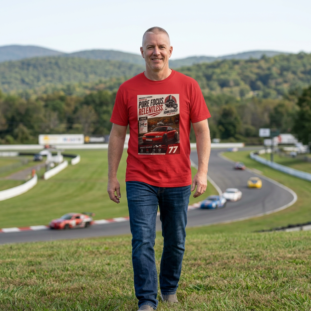 Racing Poster T-Shirt — "Pure Focus. Relentless." Vintage Car Graphic