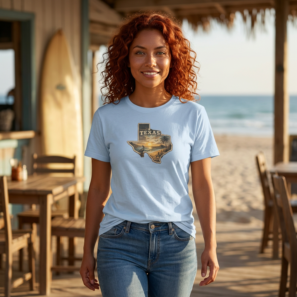 Texas Sunset State Map T-Shirt — Vintage Beach Palm Scenic Tee