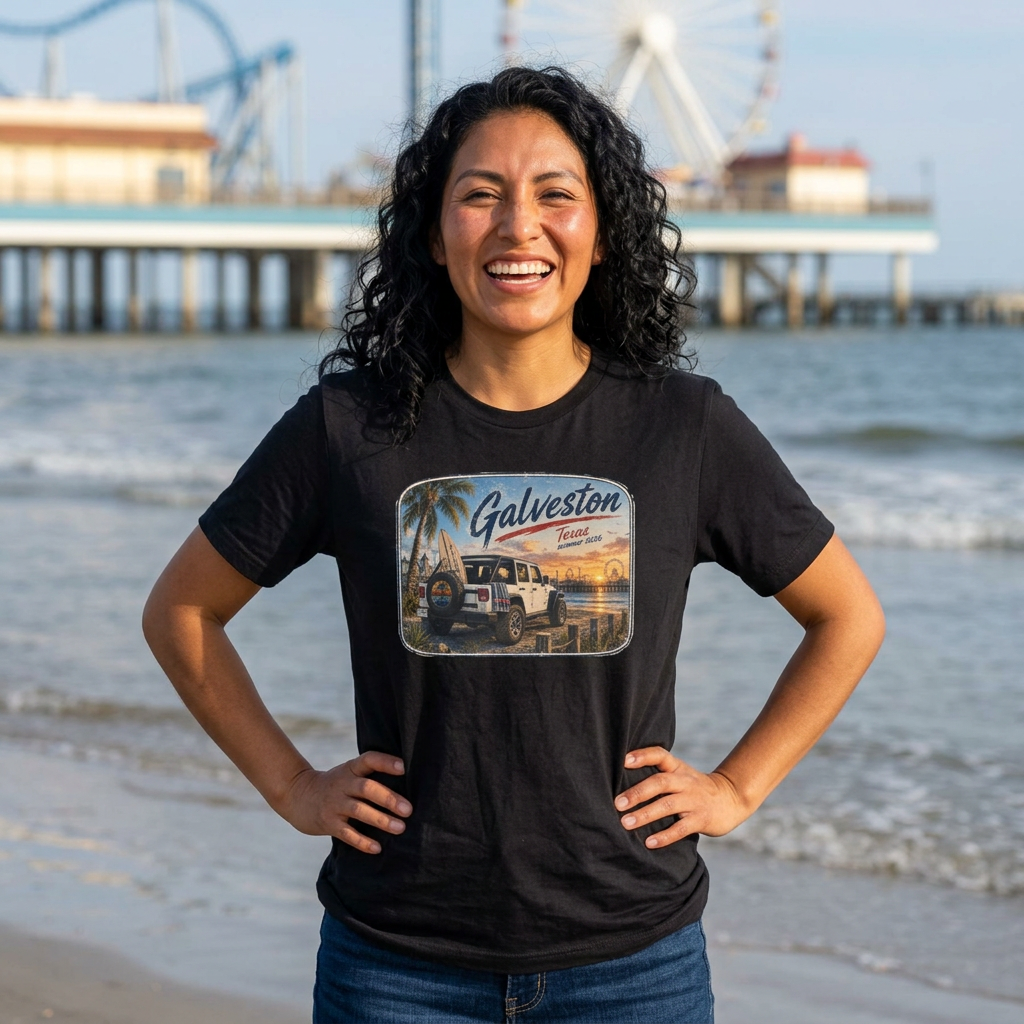 Galveston Beach Vintage T-Shirt — Texas Sunset Jeep Graphic