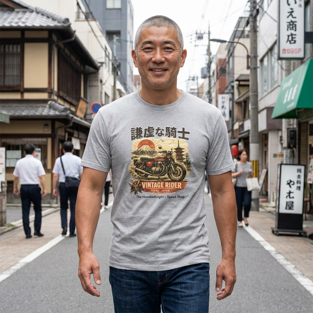 Vintage Japanese Motorcycle T-Shirt — '謙虚な騎士' Vintage Rider Graphic