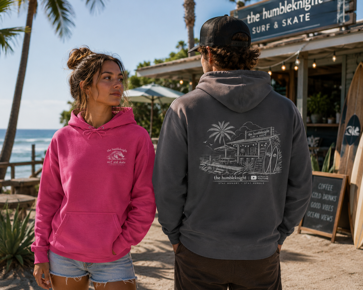 Vintage Humbleknight  Surf Shack Hoodie — Palm Tree Beach Pullover with 'The Surfside' Sketch