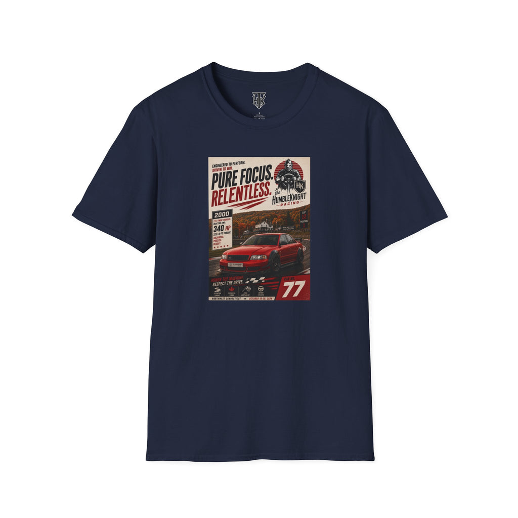 Racing Poster T-Shirt — "Pure Focus. Relentless." Vintage Car Graphic