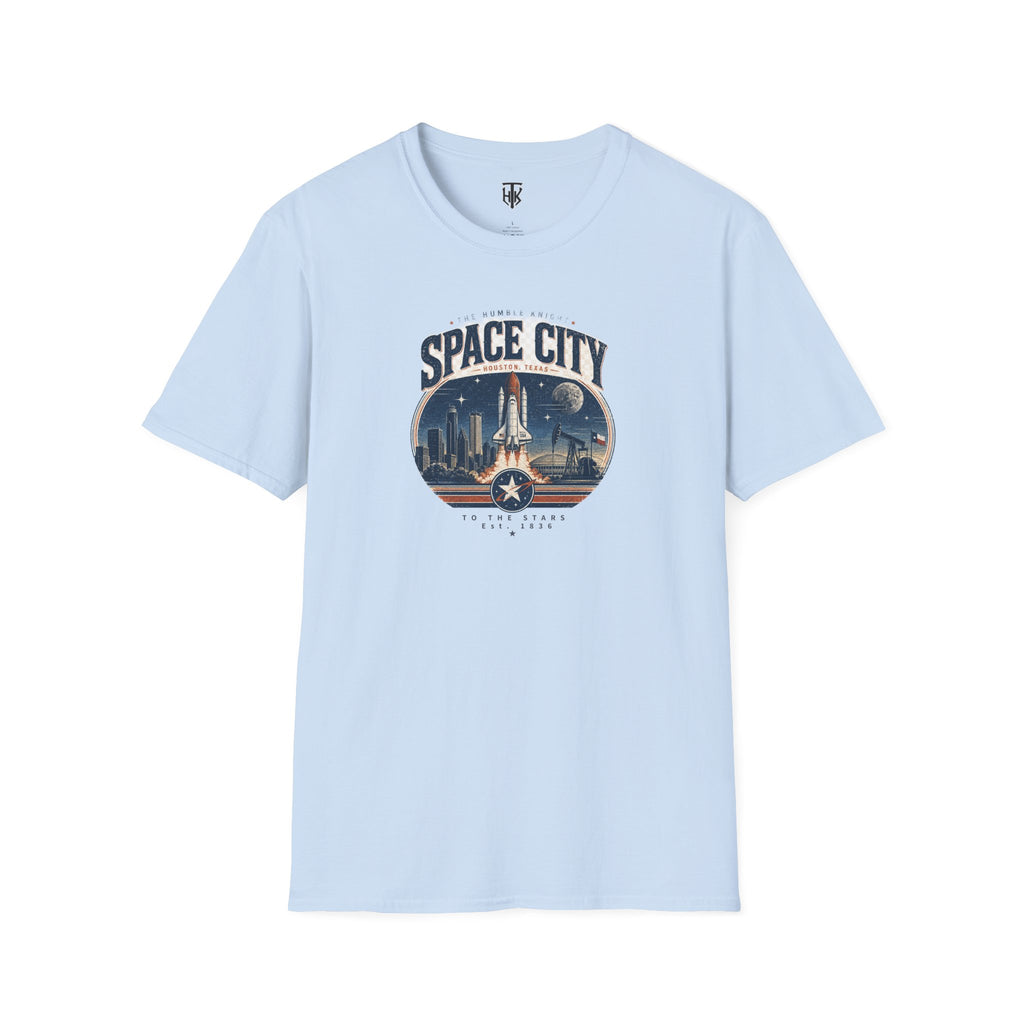 Space City T-Shirt — Vintage Rocket & Skyline Graphic Tee
