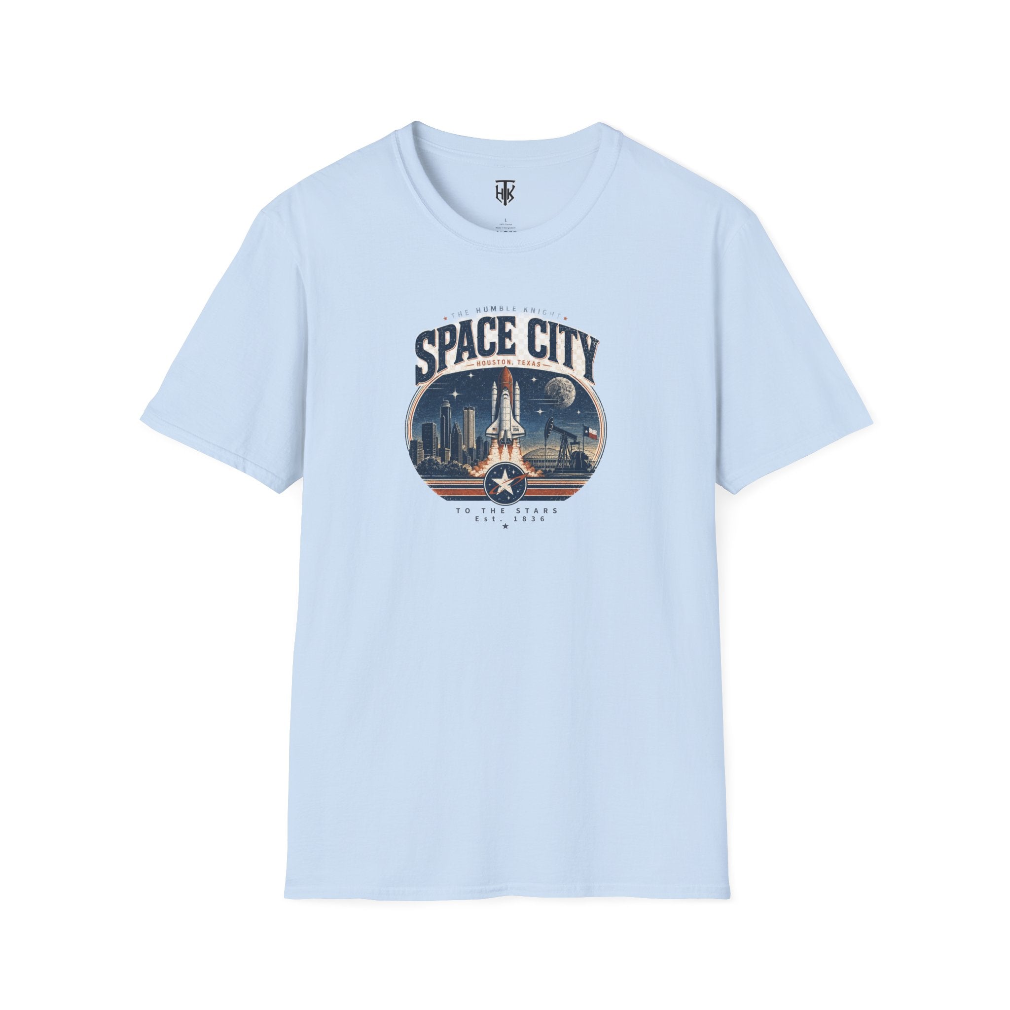 Space City T-Shirt — Vintage Rocket & Skyline Graphic Tee