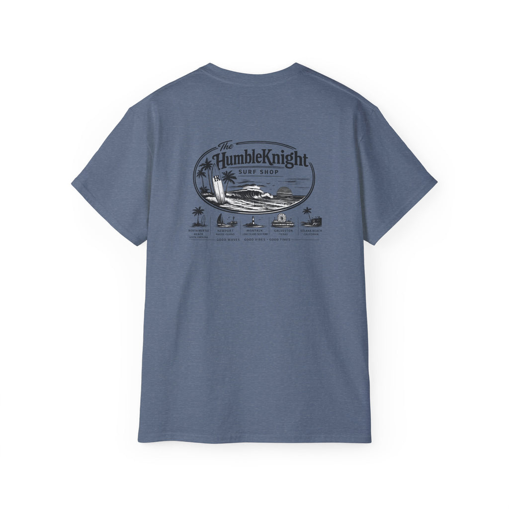 Humble Knight Surf Shop Tee - Vintage Beach Logo Cotton T-Shirt