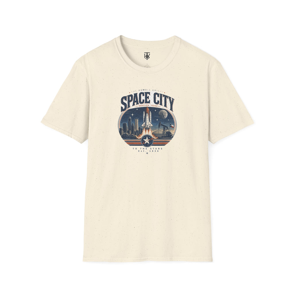 Space City T-Shirt — Vintage Rocket & Skyline Graphic Tee